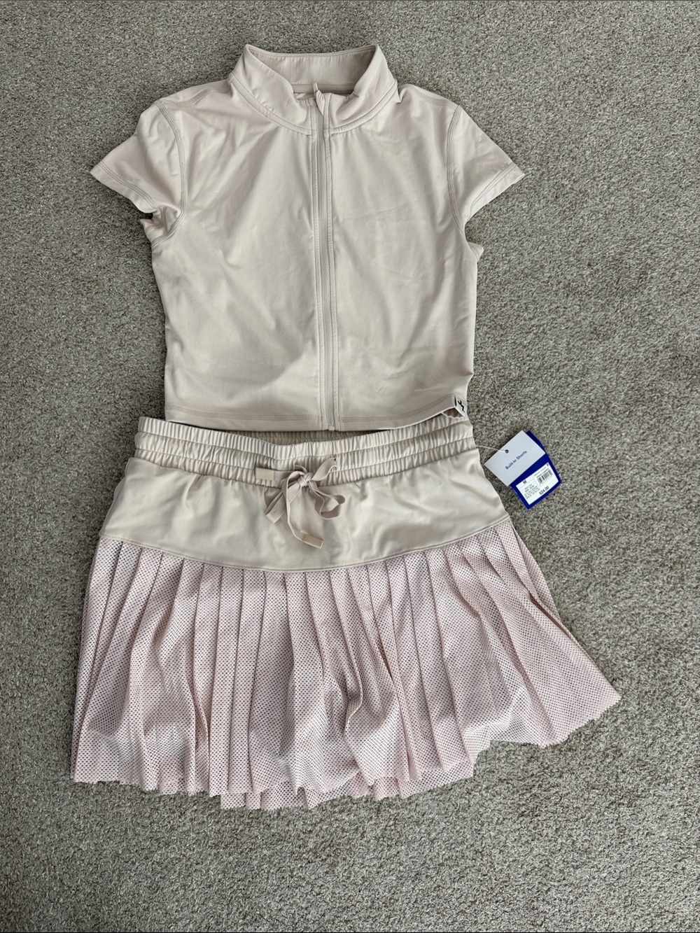 JoyLab Light Tan athleisure set - perforated tennis skort, zip front top, NWT